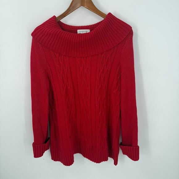 Christopher & Banks Red Sparkle Cable Knit Sweater Women’s L Cowl Neck Cozy - Picture 1 of 7